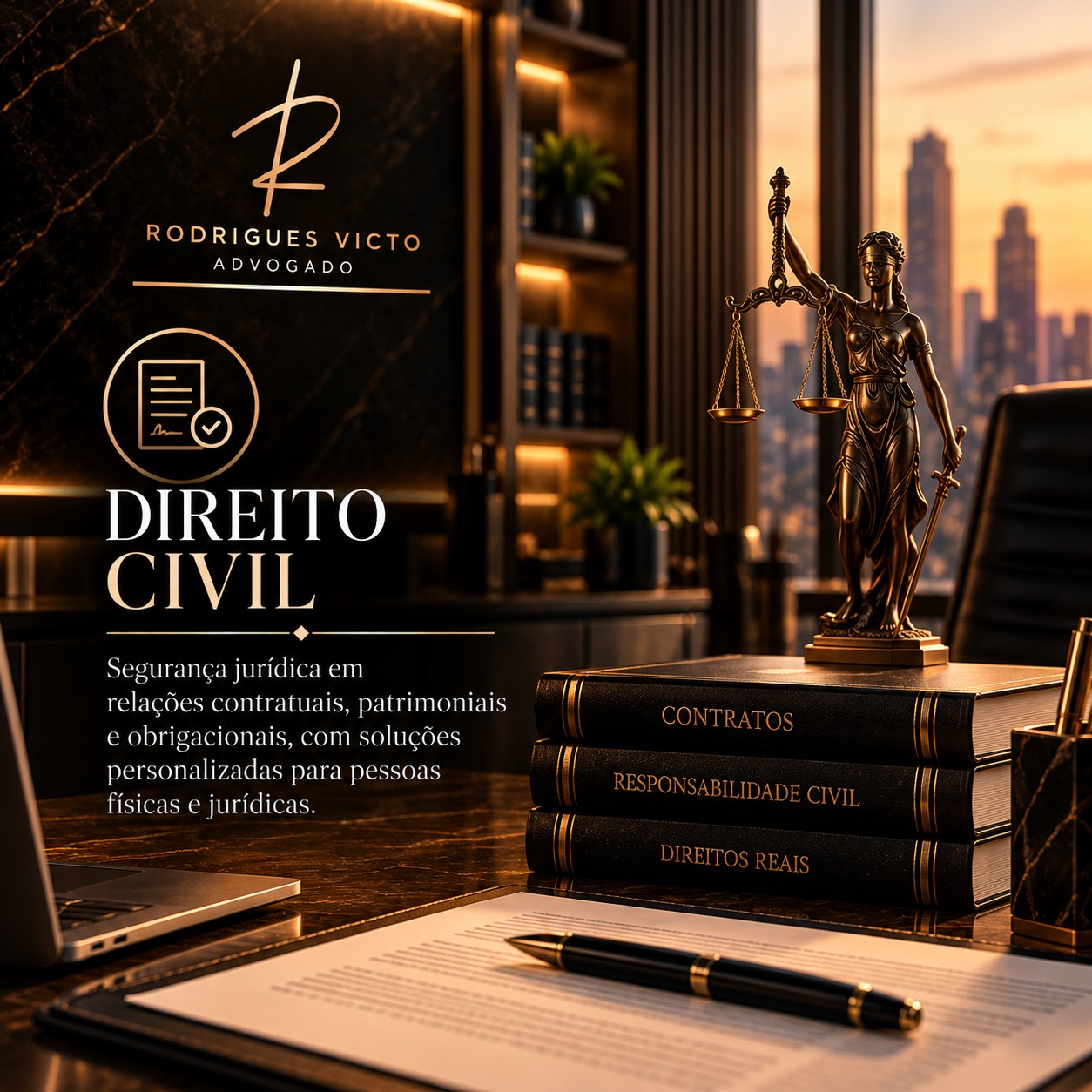 Direito Civil: estátua da Justiça, livros de Contratos, Responsabilidade Civil e Direitos Reais